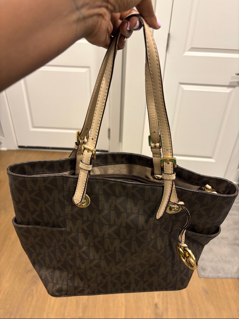 Michael Kors Brown Logo Tote with Tan Handles and Gold Hardware